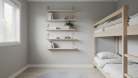 20260226 showing bunk bed and shelves in a neutral colored childrens bedroom with natural light....