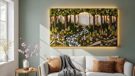 An illuminated moss and stone forest hangs on a wall above a sofa, casting a warm glow....