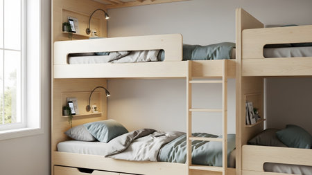 Grey showing close-up of light wood bunk beds with grey bedding and built-in shelves and lamps....