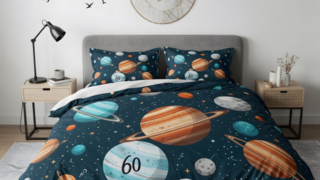 A bed is covered with a dark blue duvet cover and pillows featuring a playful space pattern with...