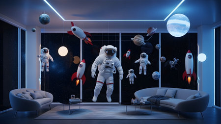 Futuristic showing futuristic room with astronauts, rockets, and planets suspended in a starry...