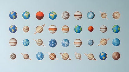 Collection showing collection of cartoon planets of the solar system on a blue background.
