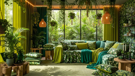 Jungle showing lush green living room filled with abundant houseplants and natural light from...の写真素材