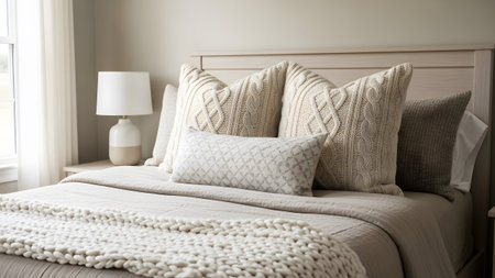 A close-up view of a neutral toned bed cable knit pillows and a textured throw blanket....の写真素材