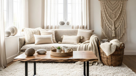Hanging showing bohemian living room with textured sofa and macrame wall hanging.
