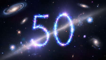 The number 50 glows with vibrant blue and pink light, surrounded by swirling galaxies in space.
