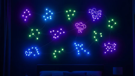 Vibrant neon constellation lights in blue, green, and purple glow on a dark bedroom wall,...