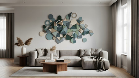 Sectional showing contemporary living room with textured geometric wall and a sectional sofa....