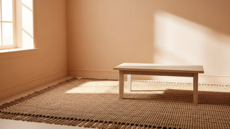 A light wood coffee table rests on a fringed rug, with sunlight casting shadows across the floor.