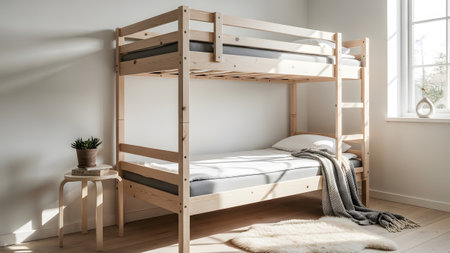 A natural wood bunk bed with grey mattresses and white linens is shown in a bright room.