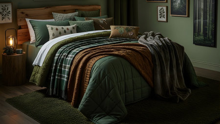 Warm showing green bedroom with forest-themed decor and multiple blanketskeywords:bedroom, bed,...