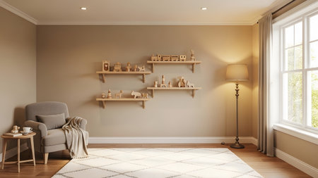 Armchair showing cozy neutral toned living room with armchair and wooden toys on shelves.の写真素材