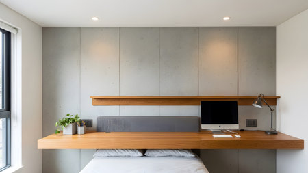 Setup showing modern bedroom with a concrete wall, wooden desk, and a computer setup against the...