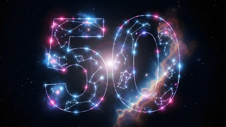 The number 50 is outlined with glowing constellations against a backdrop of colorful nebulae and...