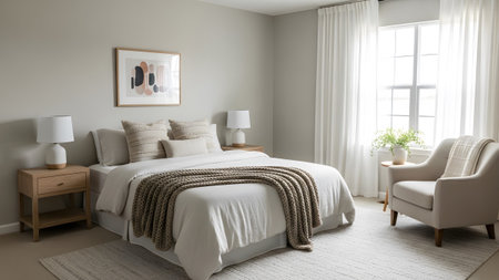 A neutral toned bedroom featuring a queen bed with a textured throw, abstract and a comfortable...