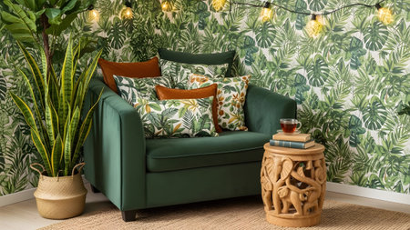Armchair showing cozy green armchair with tropical leaf wallpaper and carved wooden stool.