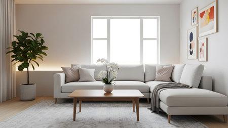 A bright living room a white sectional sofa, wooden coffee table, and a large window....