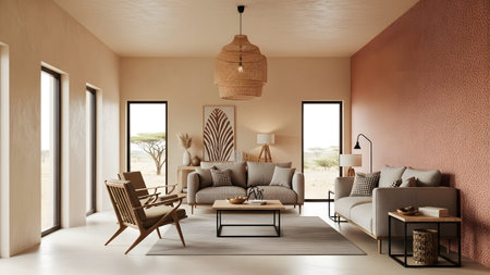 showing modern living room with safari accents and terracotta textured wall.