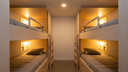 Bunk showing modern bunk bed room with warm ambient lighting and minimalist. resolution...