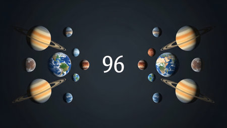 showing symmetrical arrangement of planets and the number 96 on a dark gray...