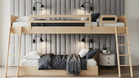 Bedding showing wooden bunk bed with dark bedding and wall lamps.