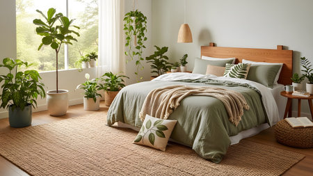 Green showing serene bedroom oasis filled with lush green houseplants and natural light.