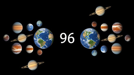 showing two earths and multiple planets from our solar system arranged on a black...