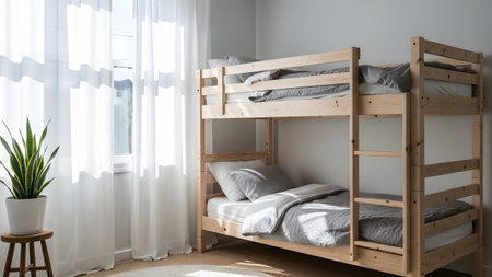 A wooden bunk bed with grey linens and white curtains is illuminated by sunlight in a room.