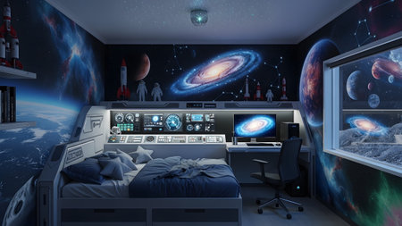 An immersive space-themed bedroom with rocket models, a control panel, and vivid planetary murals.