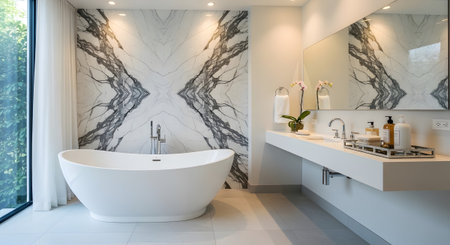 Freestanding showing bathroom featuring a white freestanding bathtub and a long vanity with...