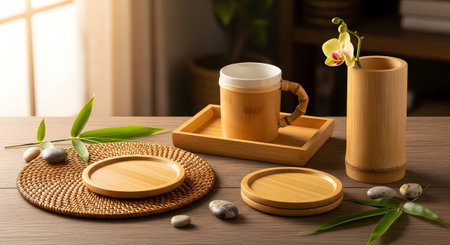 Bamboo mug on tray with orchid and pebbles next to woven placemat and coasters....の写真素材