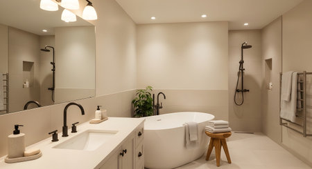 Freestanding showing bathroom with freestanding tub, double vanity, and plant. resolution...