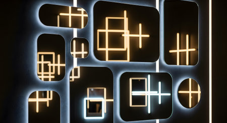 Collection of modern mirrors with geometric neon light and blue outlines.