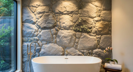 A white bathtub is set against a wall of large, irregular stones, with a window and a small orchid.の写真素材