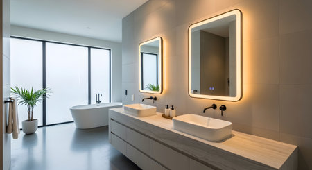 Freestanding showing contemporary bathroom with freestanding tub and double vanity.