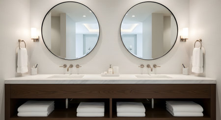 An double bathroom vanity a white marble countertop, dark wood base, and two round mirrors.