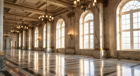 Chandeliers showing grand ballroom with marble floors and arched windows.