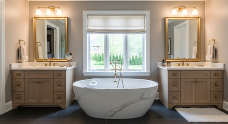 showing master bathroom with freestanding white marble bathtub, dual vanities, and gold...