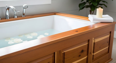 Bathtub filled with water and floating rose petals.