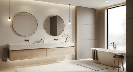 Wood showing modern bathroom with double vanity floating wood cabinets and large window.の写真素材