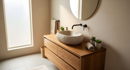 Vessel showing modern bathroom vanity with a textured stone vessel sink and wooden drawers with...