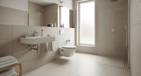 Toilet showing tiled bathroom with a white floating sink, toilet, and a large window providing...