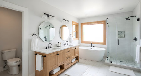 A bright modern bathroom a wooden double vanity, freestanding tub, and glass shower stall with...