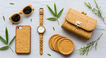 Toilet showing natural bamboo accessories including sunglasses watch phone case and clutch.の写真素材