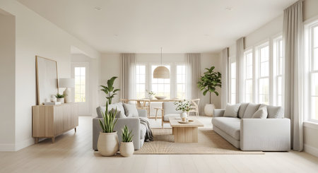 An open-plan living and dining space with light wood furniture, neutral sofas, and large windows...