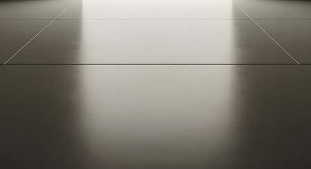 Dark showing reflective dark gray floor tiles with dramatic light streaks and grout lines.