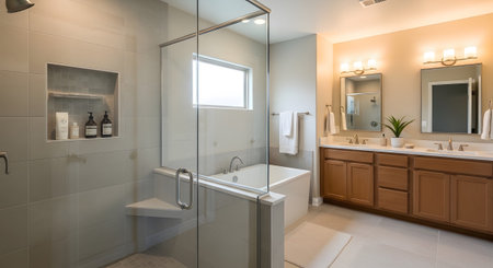 A spacious modern bathroom featuring a wood vanity, bathtub, and a glass-enclosed shower with...