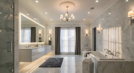 Freestanding showing modern marble bathroom with freestanding bathtub and large illuminated...