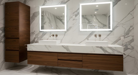 Modern bathroom with double floating vanity and illuminated mirrors.