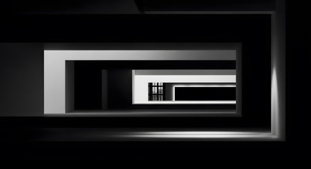 Abstract monochrome view through layered rectangular openings creating a sense of depth and...